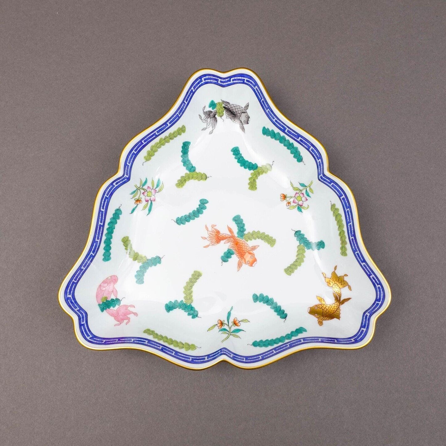 Herend Hungary 24K Gold Gilt Poisson Koi  Fish Porcelain Triangle Dish  2191/PO