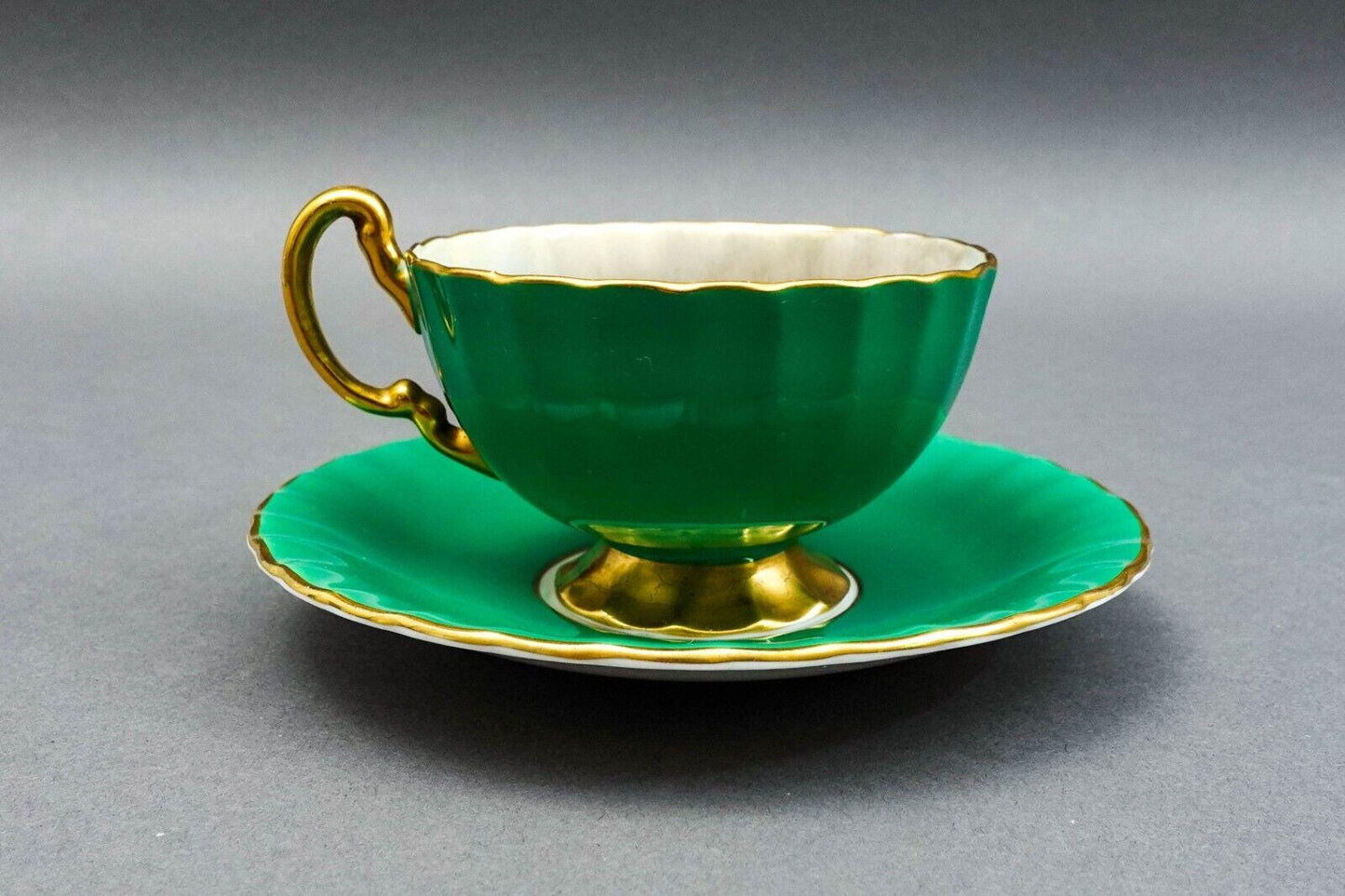 Aynsley J.A. Bailey Signed Vintage Pink Cabbage Rose Green Gold Tea Cup & Saucer