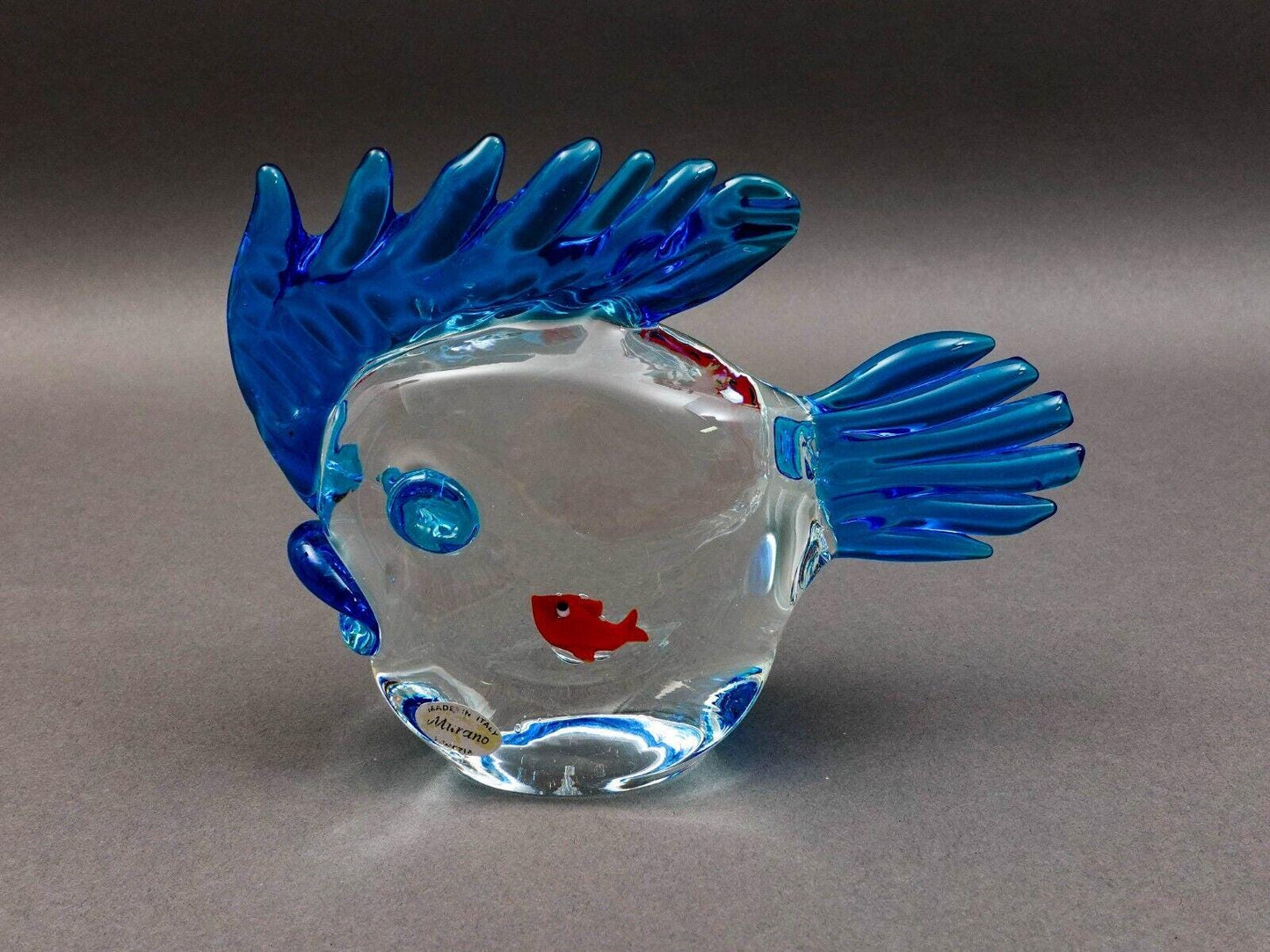 Vintage Murano Italy Blue Fish Red Goldfish Aquarium Glass Figurine Sculpture
