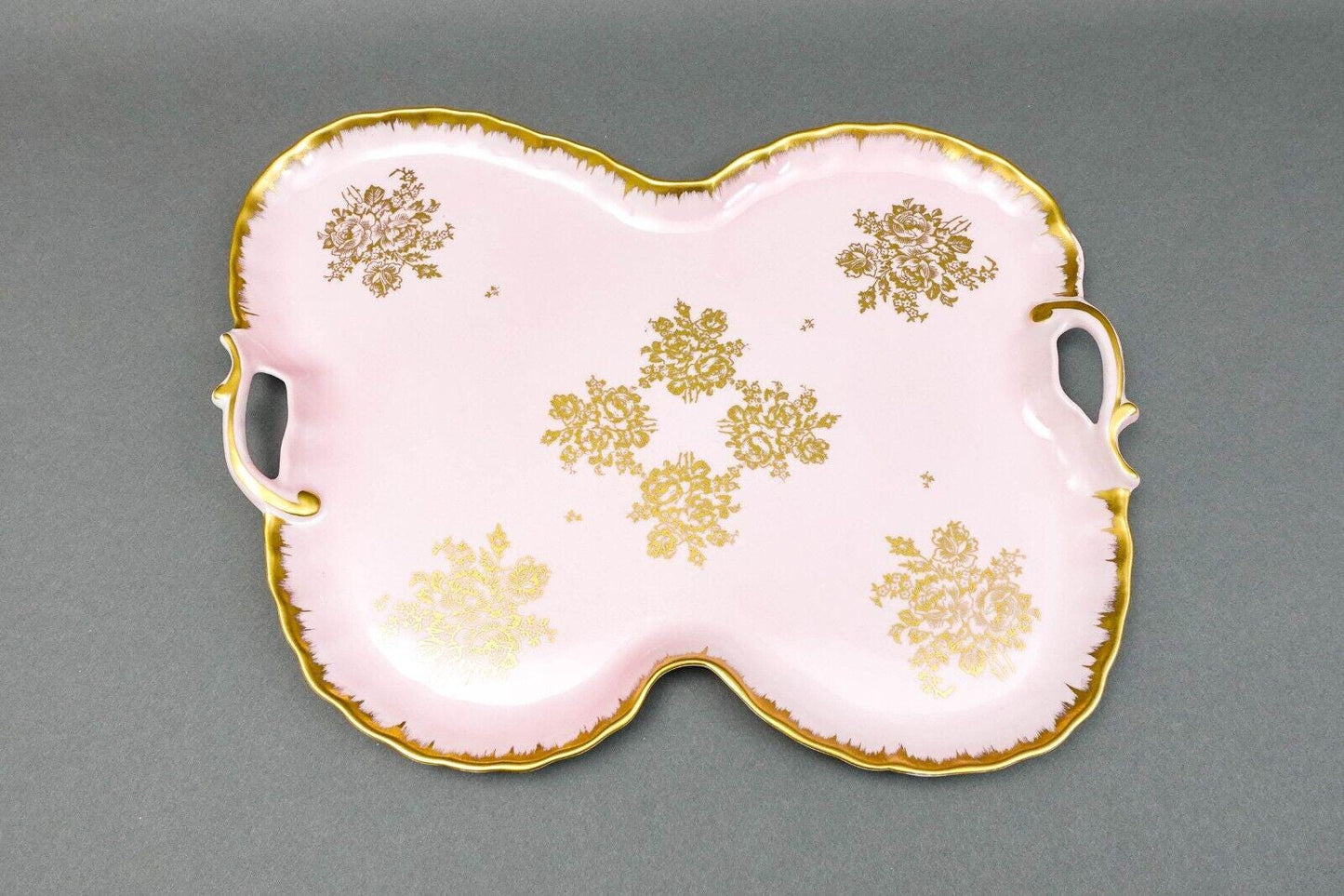 Limoges France Antique Hand Painted Pink Gold Gilt Floral Porcelain Handle Tray