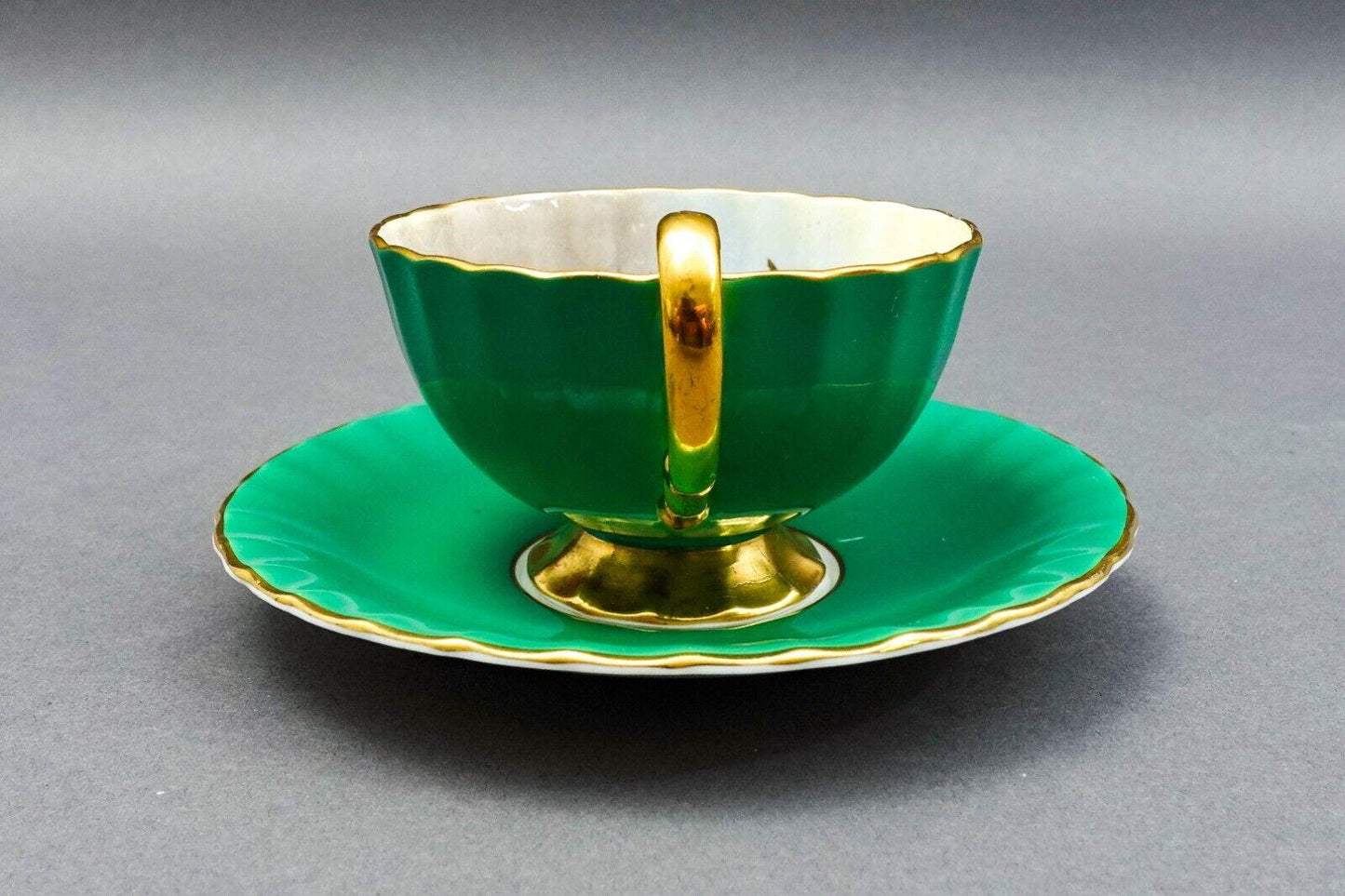 Aynsley J.A. Bailey Signed Vintage Pink Cabbage Rose Green Gold Tea Cup & Saucer