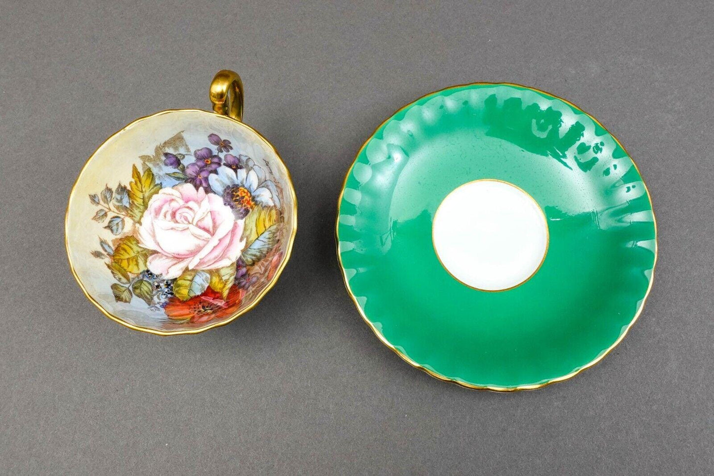 Aynsley J.A. Bailey Signed Vintage Pink Cabbage Rose Green Gold Tea Cup & Saucer