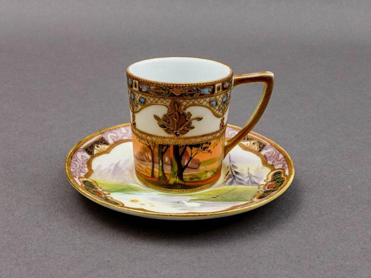 Nippon Japan Gold Moriage Beaded Jeweled Lanscape Scene Demitasse Cup & Saucer
