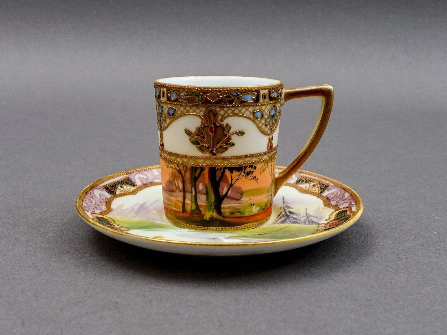 Nippon Japan Gold Moriage Beaded Jeweled Lanscape Scene Demitasse Cup & Saucer