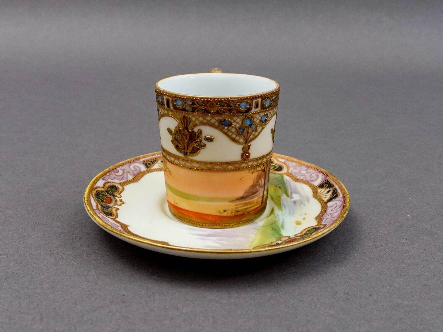 Nippon Japan Gold Moriage Beaded Jeweled Lanscape Scene Demitasse Cup & Saucer