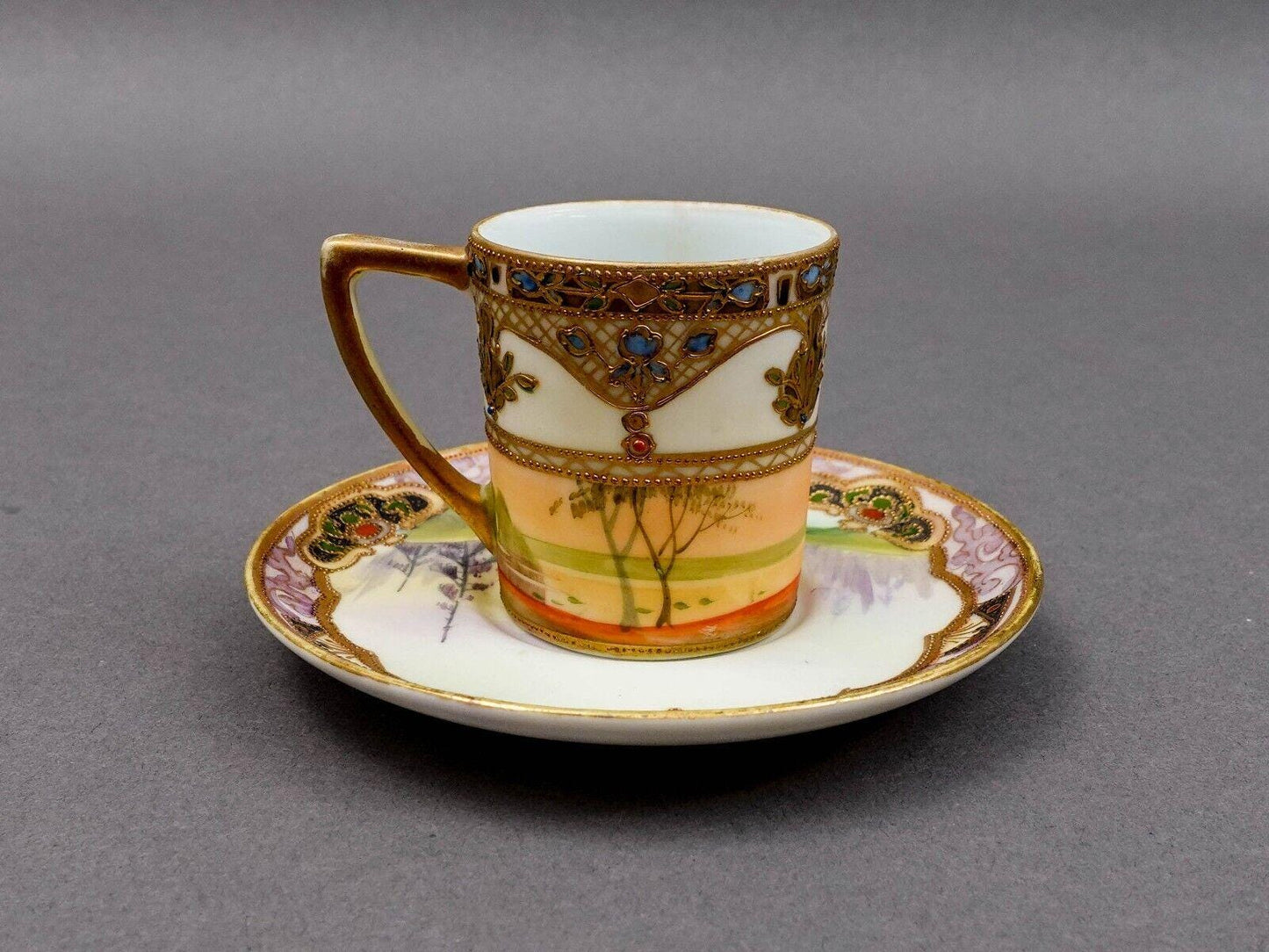 Nippon Japan Gold Moriage Beaded Jeweled Lanscape Scene Demitasse Cup & Saucer