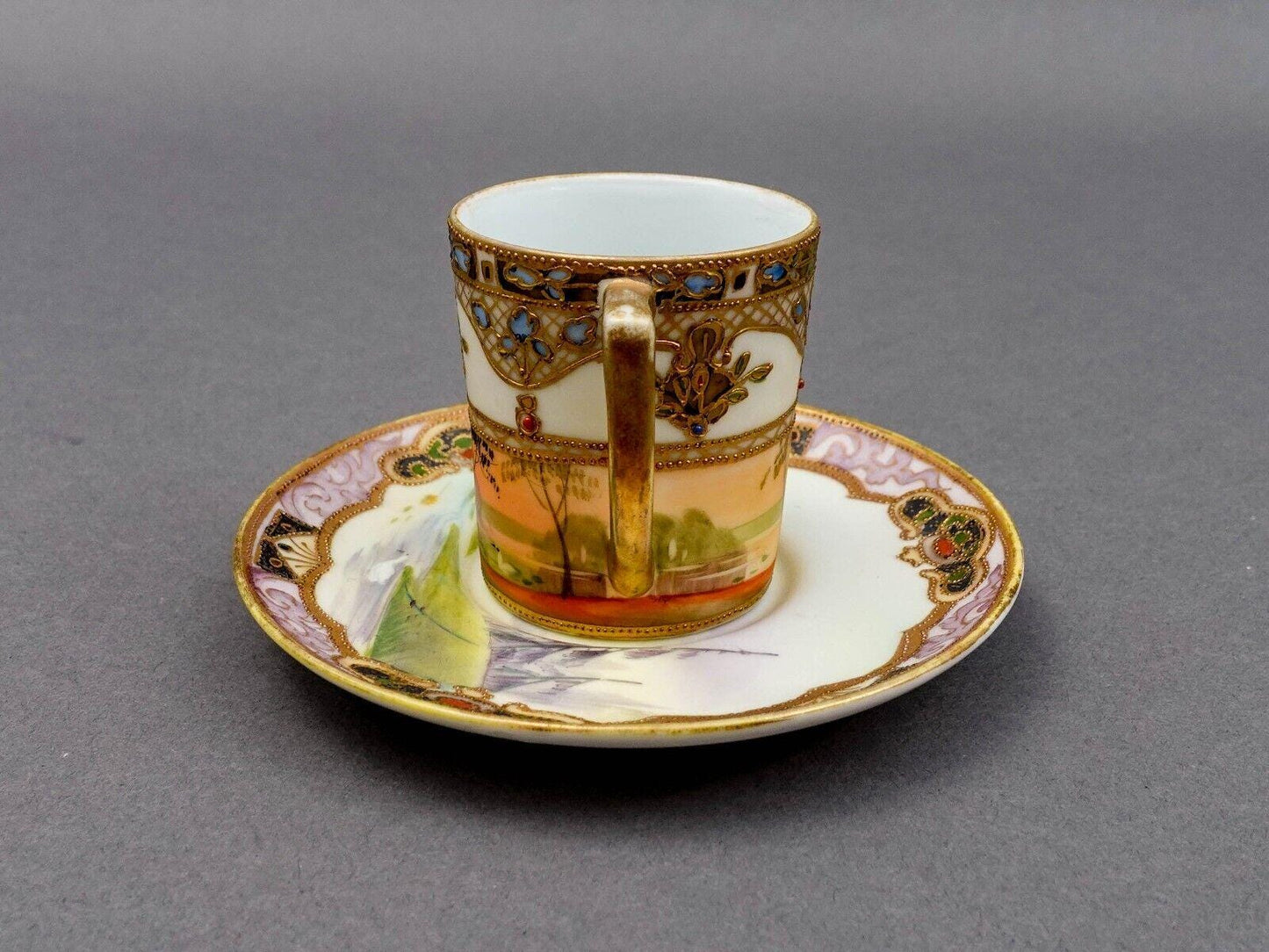 Nippon Japan Gold Moriage Beaded Jeweled Lanscape Scene Demitasse Cup & Saucer