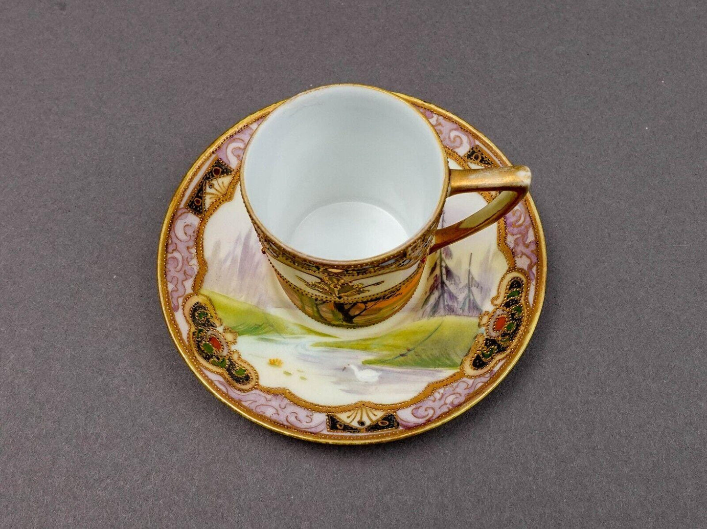 Nippon Japan Gold Moriage Beaded Jeweled Lanscape Scene Demitasse Cup & Saucer