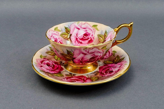 Aynsley England 13 Pink Cabbage Roses 1026 Bone China Tea Cup & Saucer Set