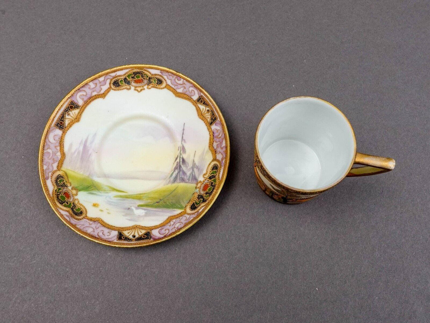 Nippon Japan Gold Moriage Beaded Jeweled Lanscape Scene Demitasse Cup & Saucer