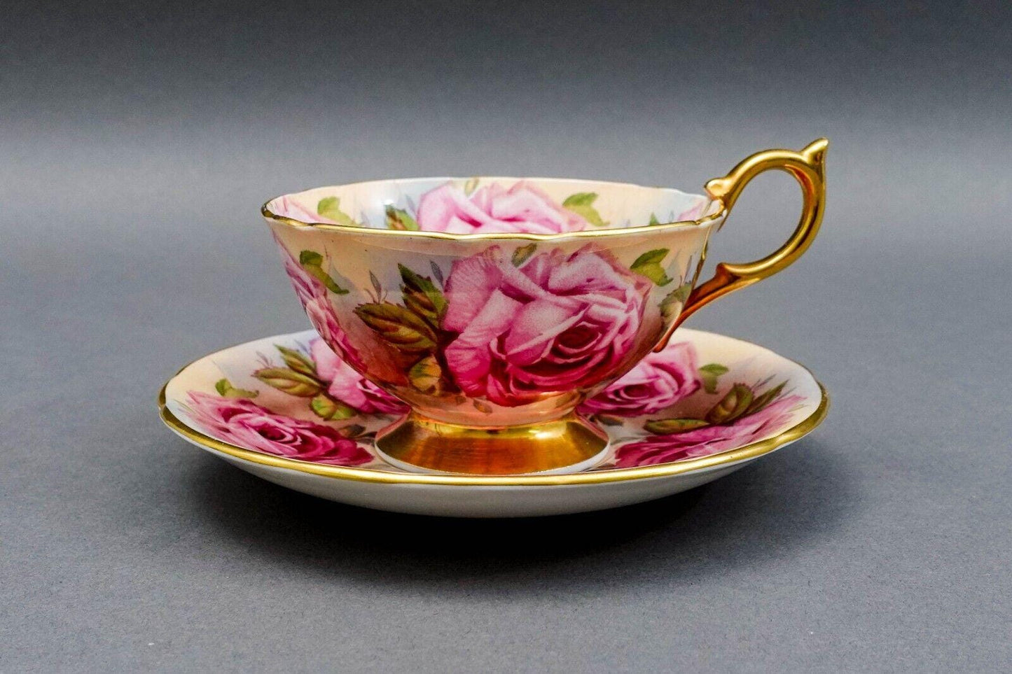 Aynsley England 13 Pink Cabbage Roses 1026 Bone China Tea Cup & Saucer Set