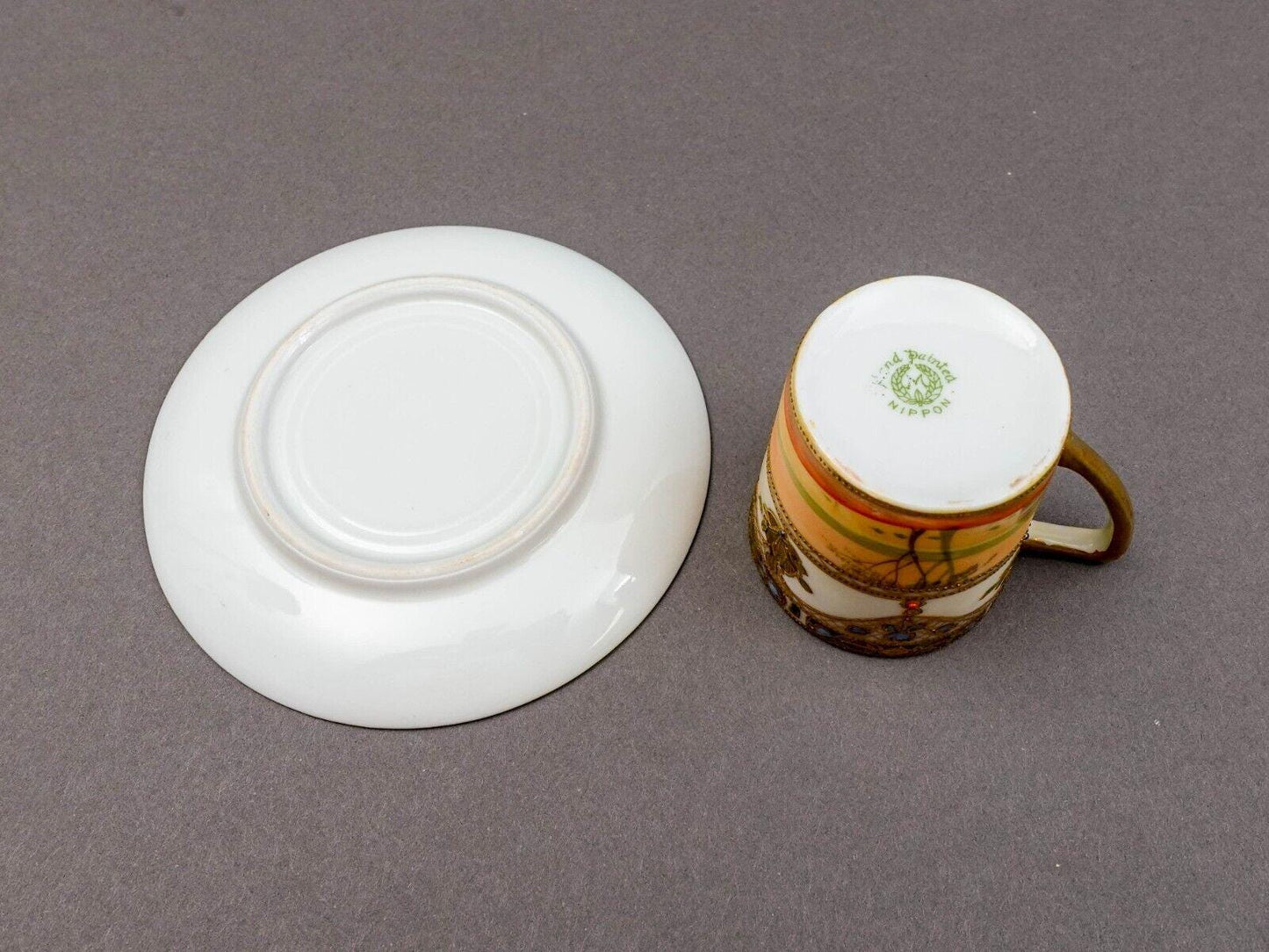 Nippon Japan Gold Moriage Beaded Jeweled Lanscape Scene Demitasse Cup & Saucer