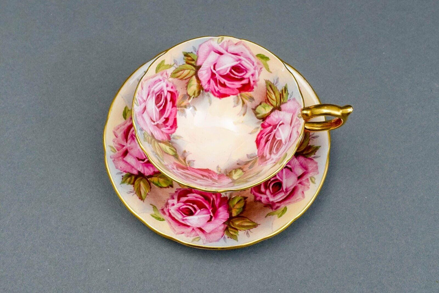 Aynsley England 13 Pink Cabbage Roses 1026 Bone China Tea Cup & Saucer Set