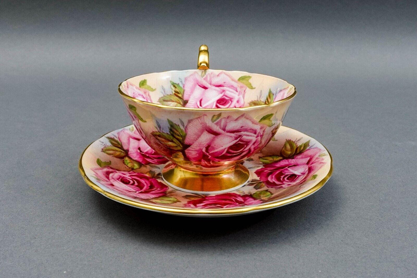 Aynsley England 13 Pink Cabbage Roses 1026 Bone China Tea Cup & Saucer Set