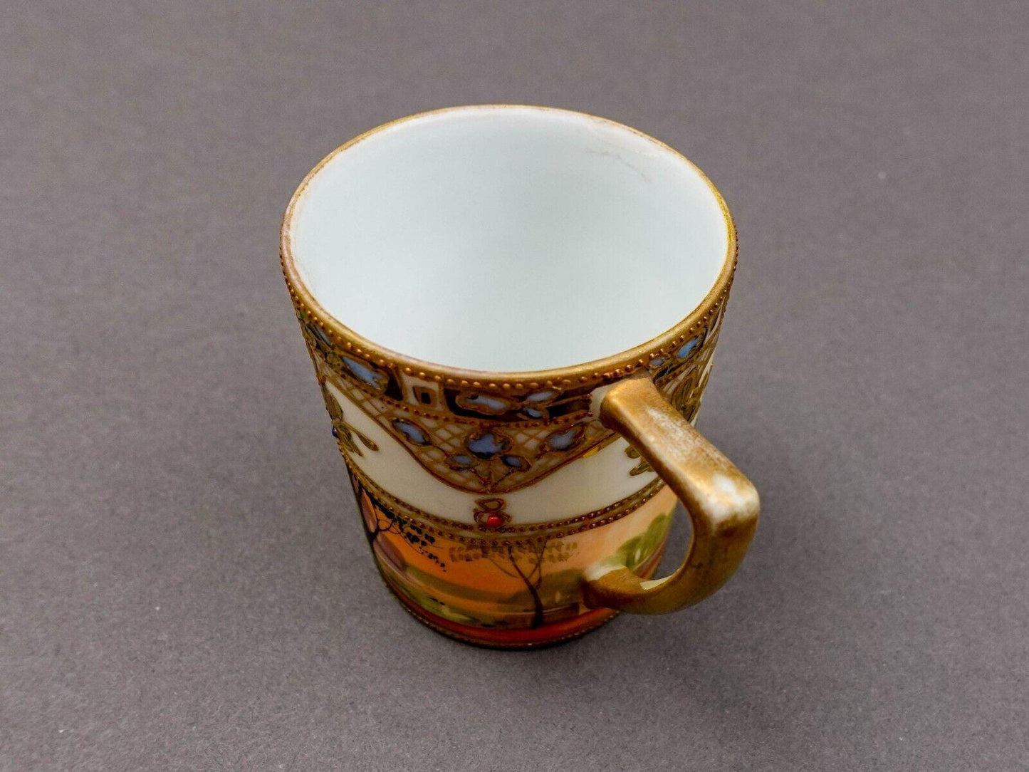 Nippon Japan Gold Moriage Beaded Jeweled Lanscape Scene Demitasse Cup & Saucer