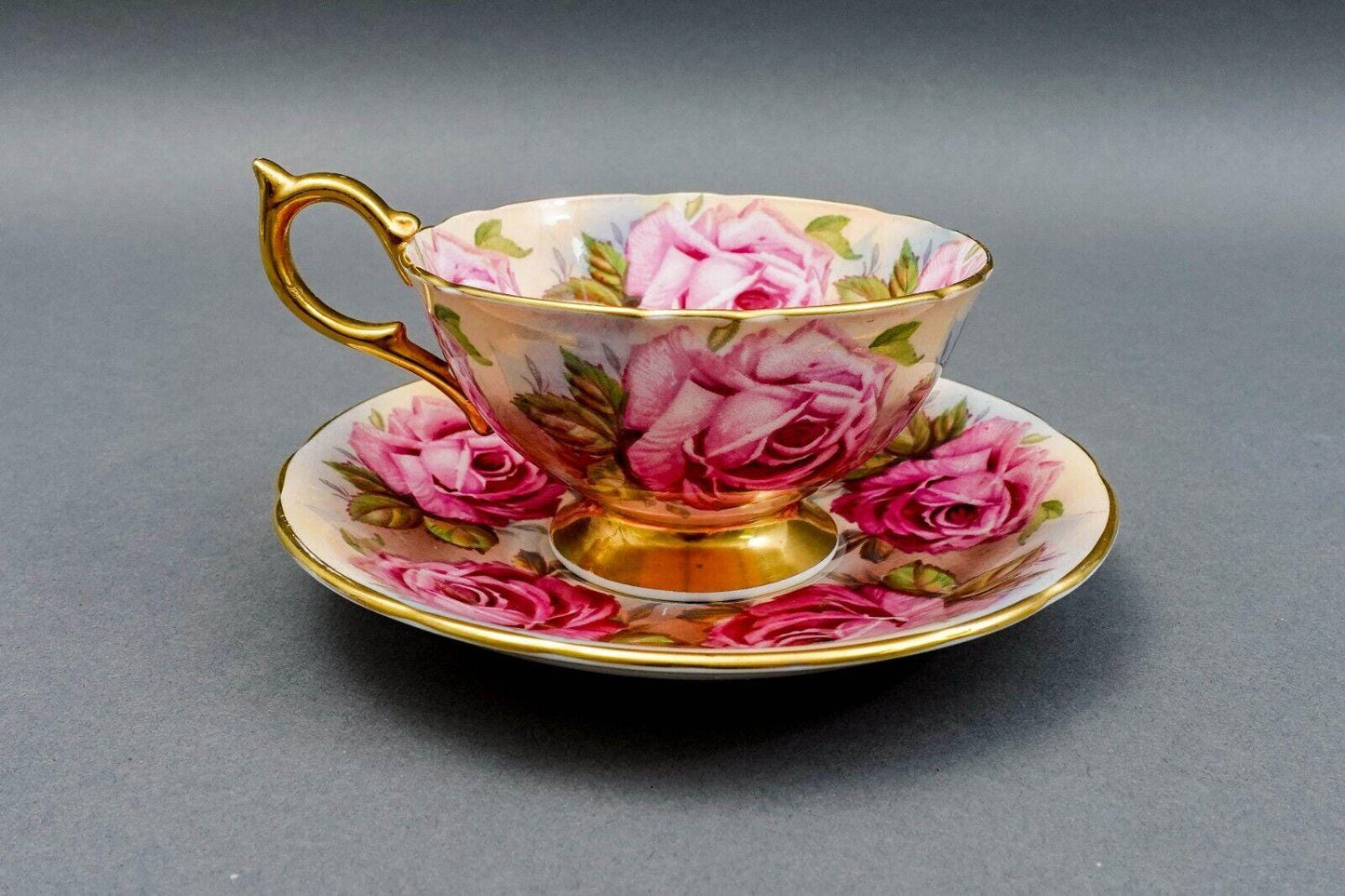 Aynsley England 13 Pink Cabbage Roses 1026 Bone China Tea Cup & Saucer Set