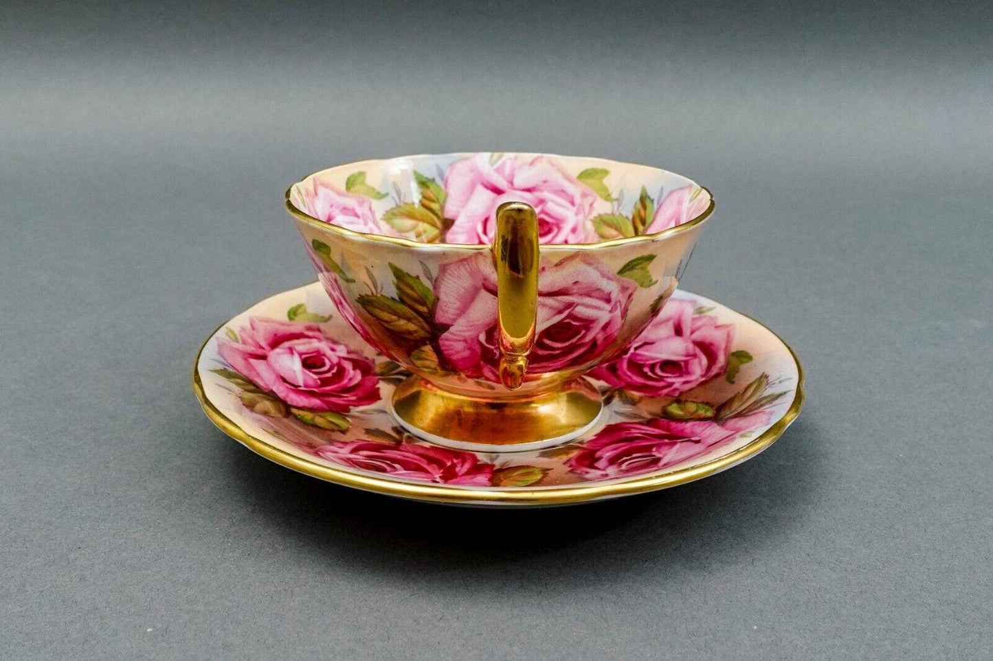 Aynsley England 13 Pink Cabbage Roses 1026 Bone China Tea Cup & Saucer Set