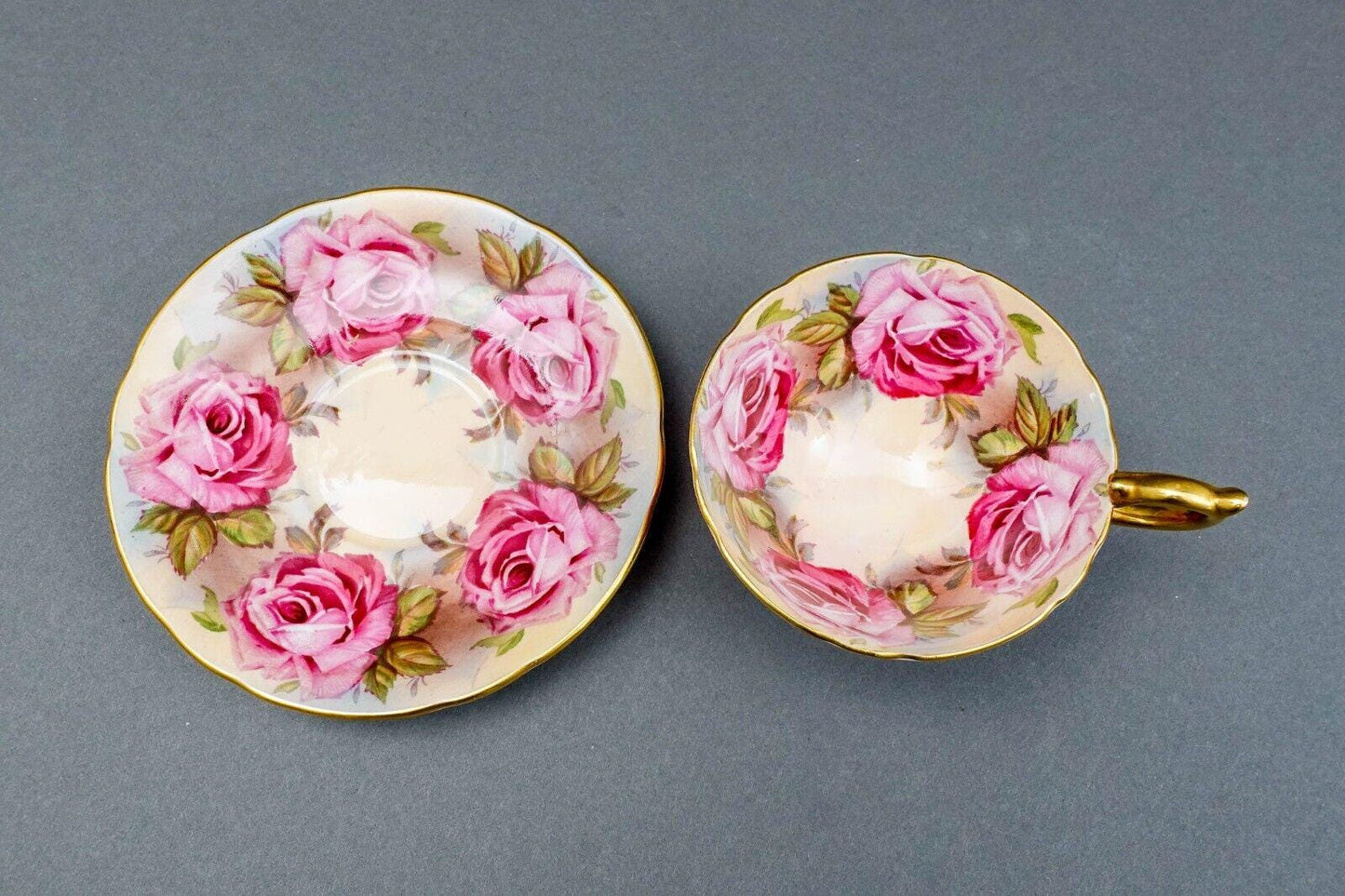 Aynsley England 13 Pink Cabbage Roses 1026 Bone China Tea Cup & Saucer Set
