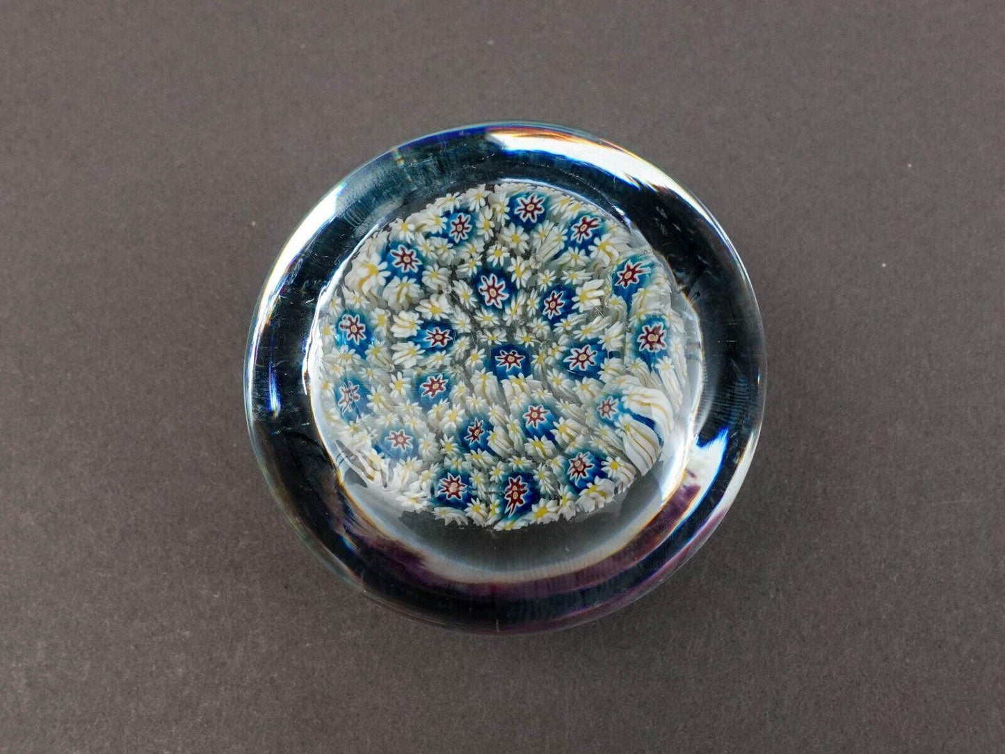 Vintage Murano Italy Close Packed Floral Millefiori Glass Paperweight With Label
