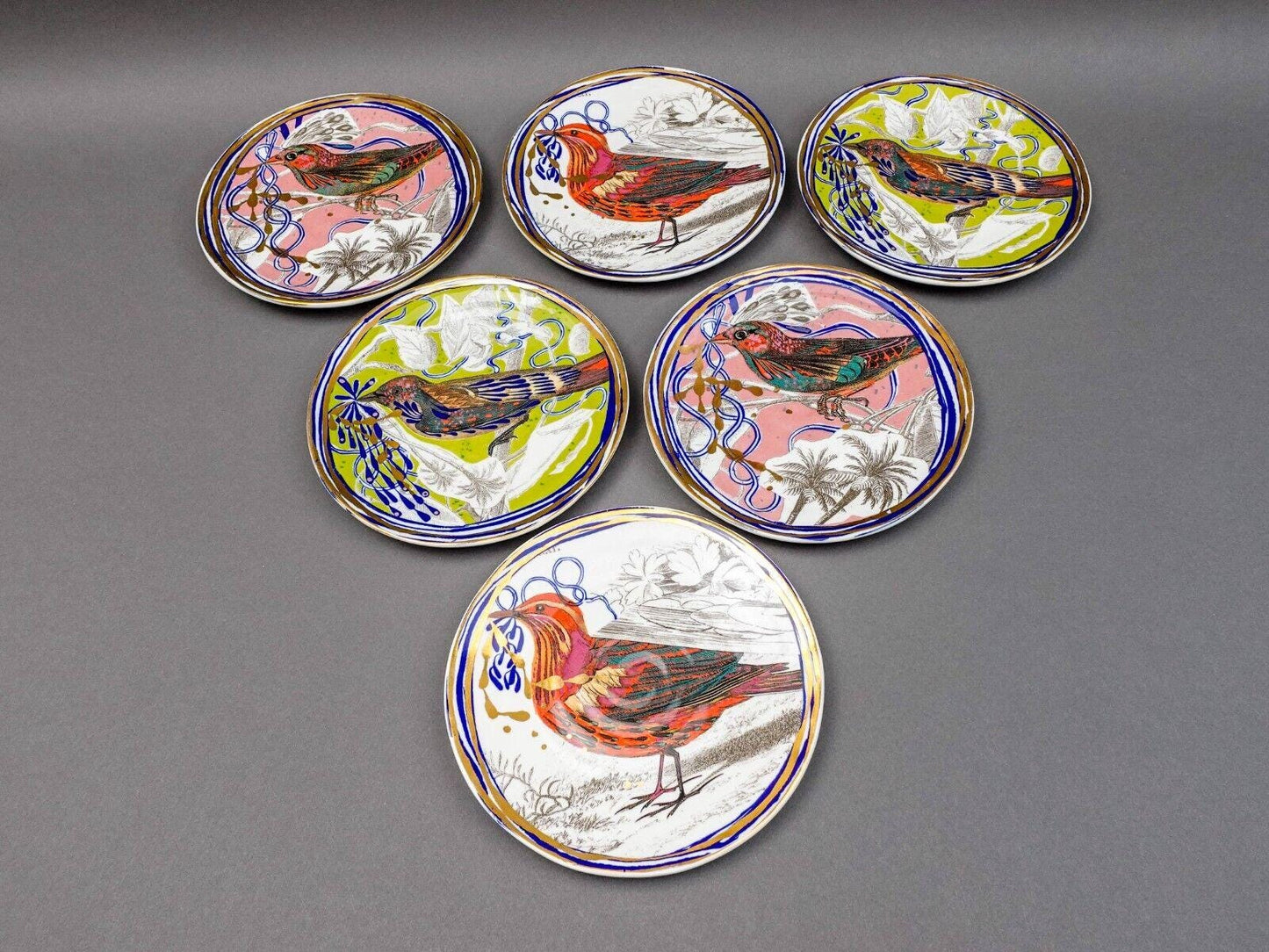 Anthropologie Ruan Hoffman Hand Painted Dream Bird 8" Dessert Plate Set Of 6