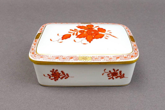 Herend Hungary Hand Painted Chinese Bouquet Rust Rectangular Trinket Jewelry Box