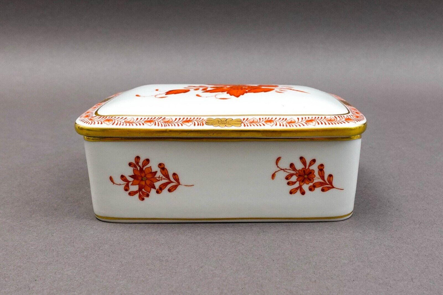 Herend Hungary Hand Painted Chinese Bouquet Rust Rectangular Trinket Jewelry Box