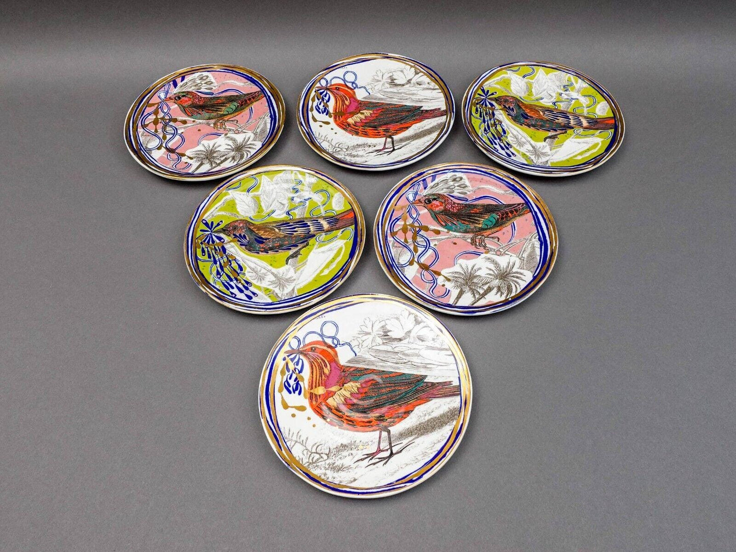 Anthropologie Ruan Hoffman Hand Painted Dream Bird 8" Dessert Plate Set Of 6