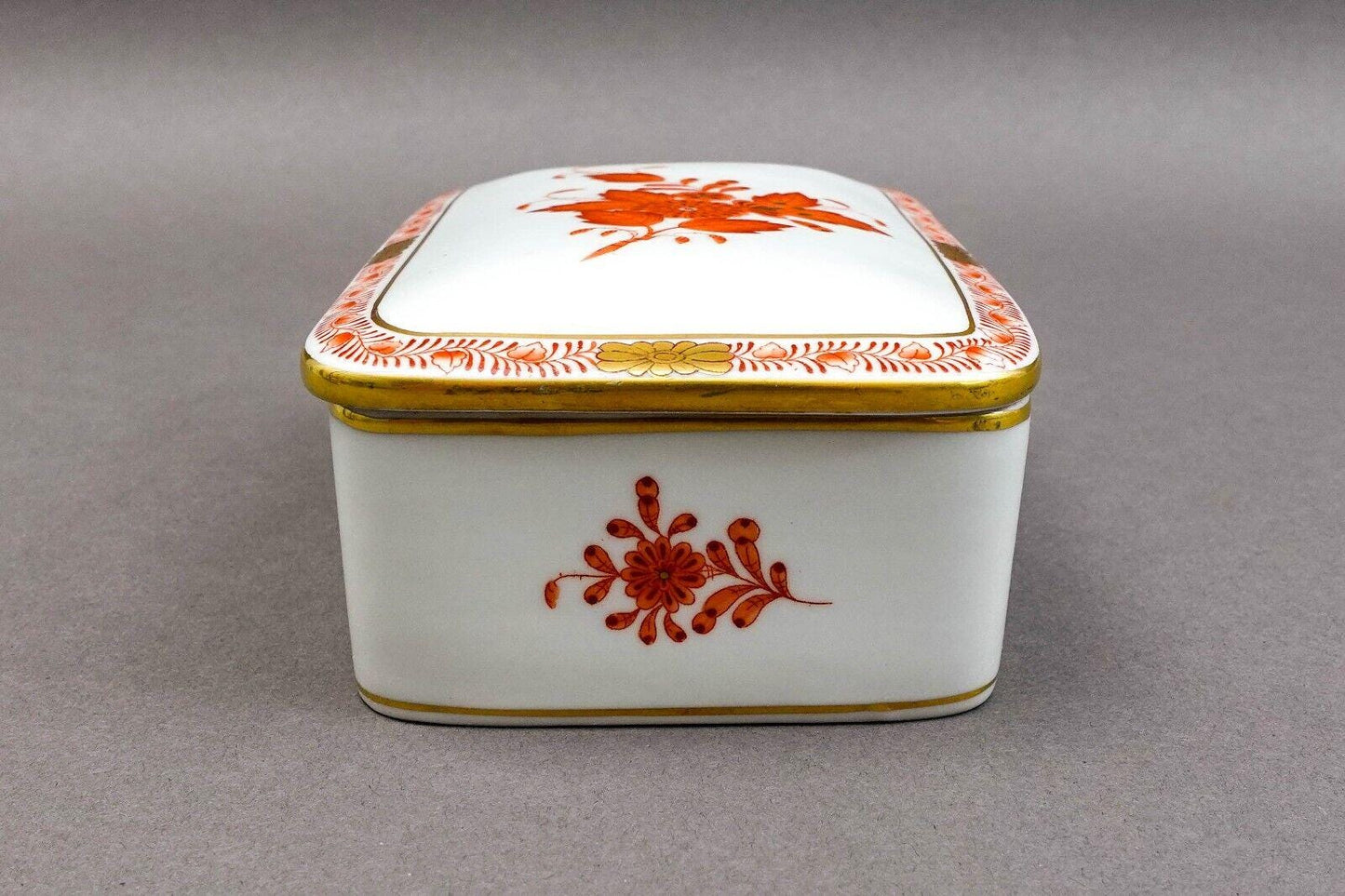 Herend Hungary Hand Painted Chinese Bouquet Rust Rectangular Trinket Jewelry Box
