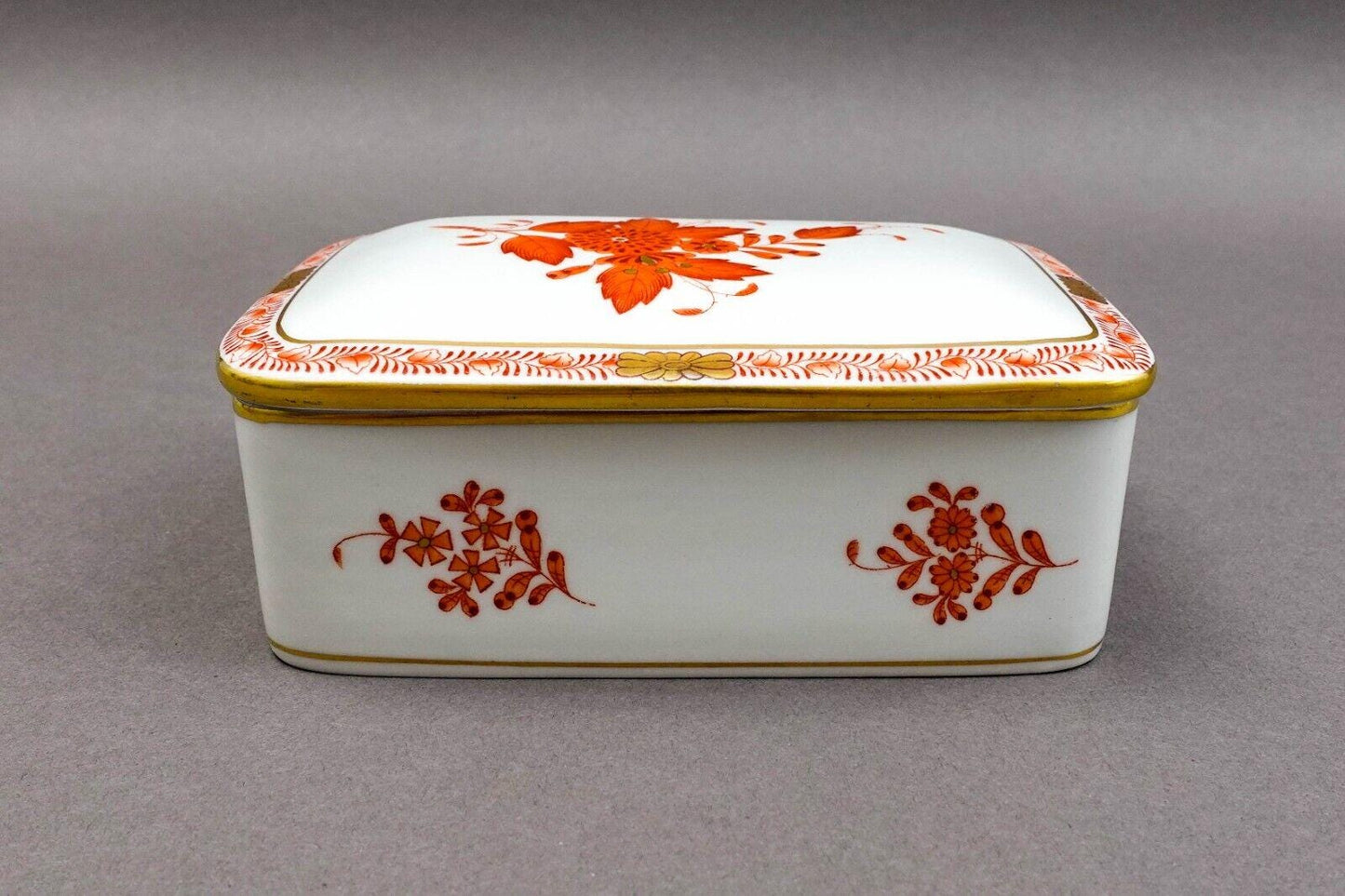 Herend Hungary Hand Painted Chinese Bouquet Rust Rectangular Trinket Jewelry Box