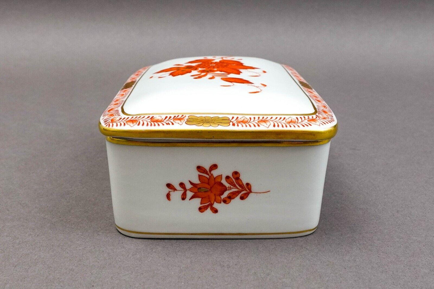 Herend Hungary Hand Painted Chinese Bouquet Rust Rectangular Trinket Jewelry Box