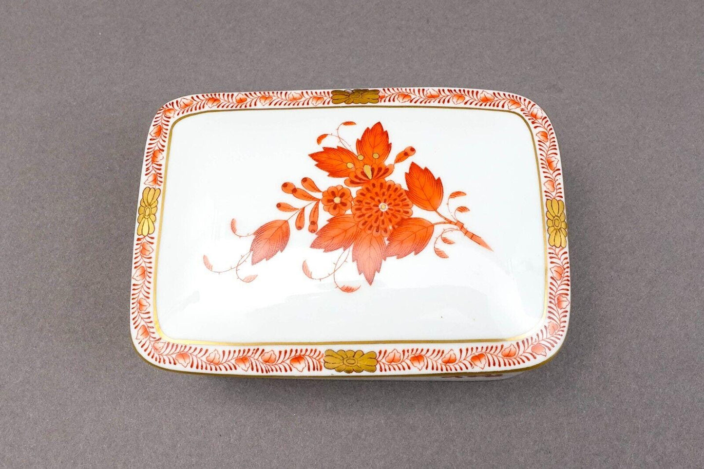 Herend Hungary Hand Painted Chinese Bouquet Rust Rectangular Trinket Jewelry Box