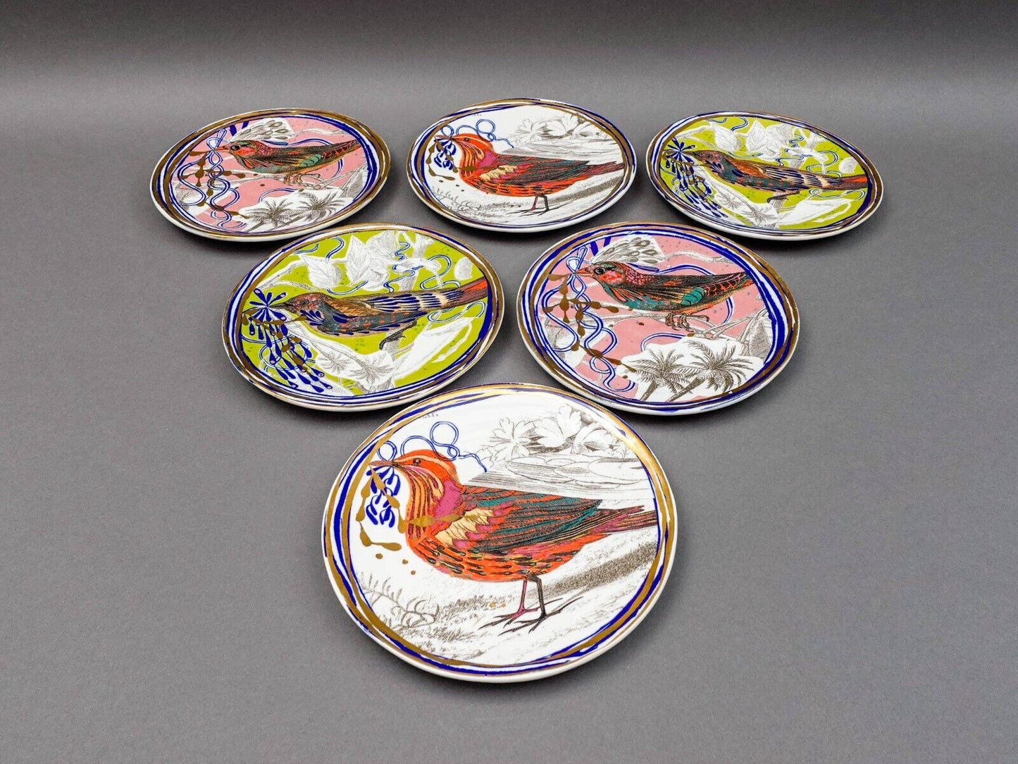 Anthropologie Ruan Hoffman Hand Painted Dream Bird 8" Dessert Plate Set Of 6
