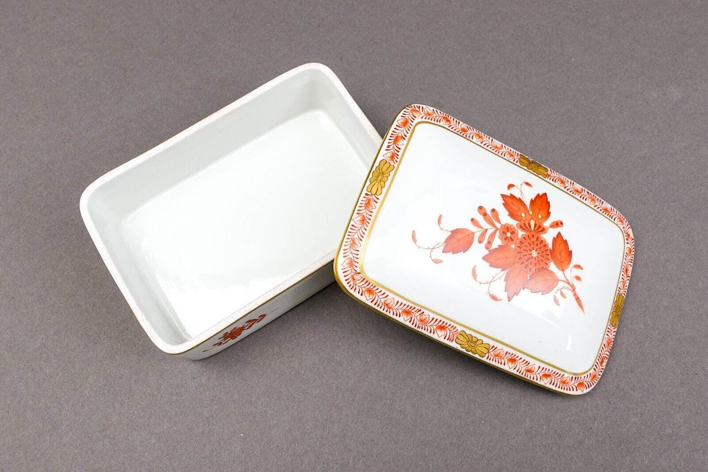 Herend Hungary Hand Painted Chinese Bouquet Rust Rectangular Trinket Jewelry Box