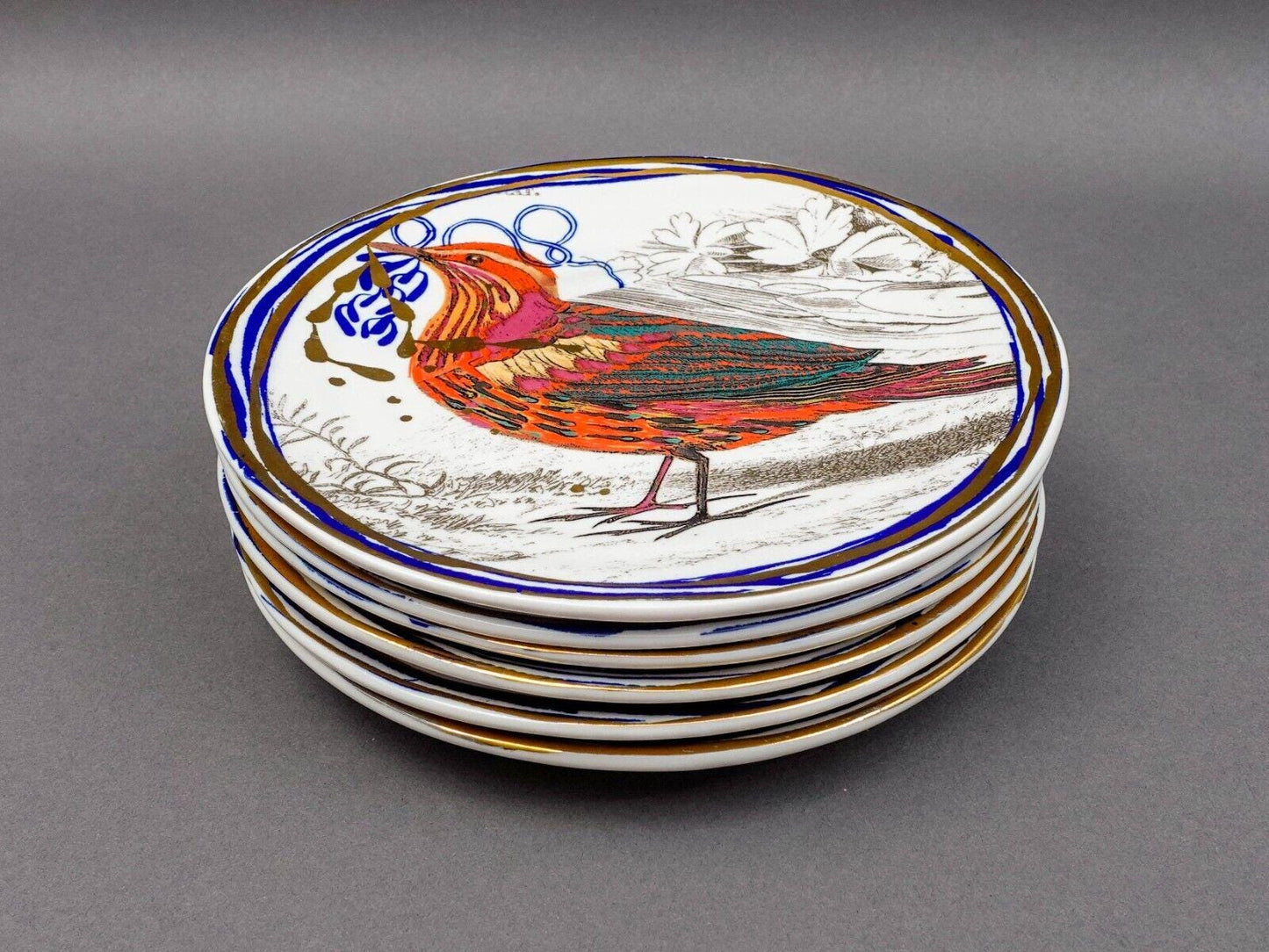 Anthropologie Ruan Hoffman Hand Painted Dream Bird 8" Dessert Plate Set Of 6