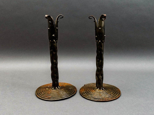 Vintage Brutalist Studio Iron Metal Art Candlestick Candle Holder Pair 11"