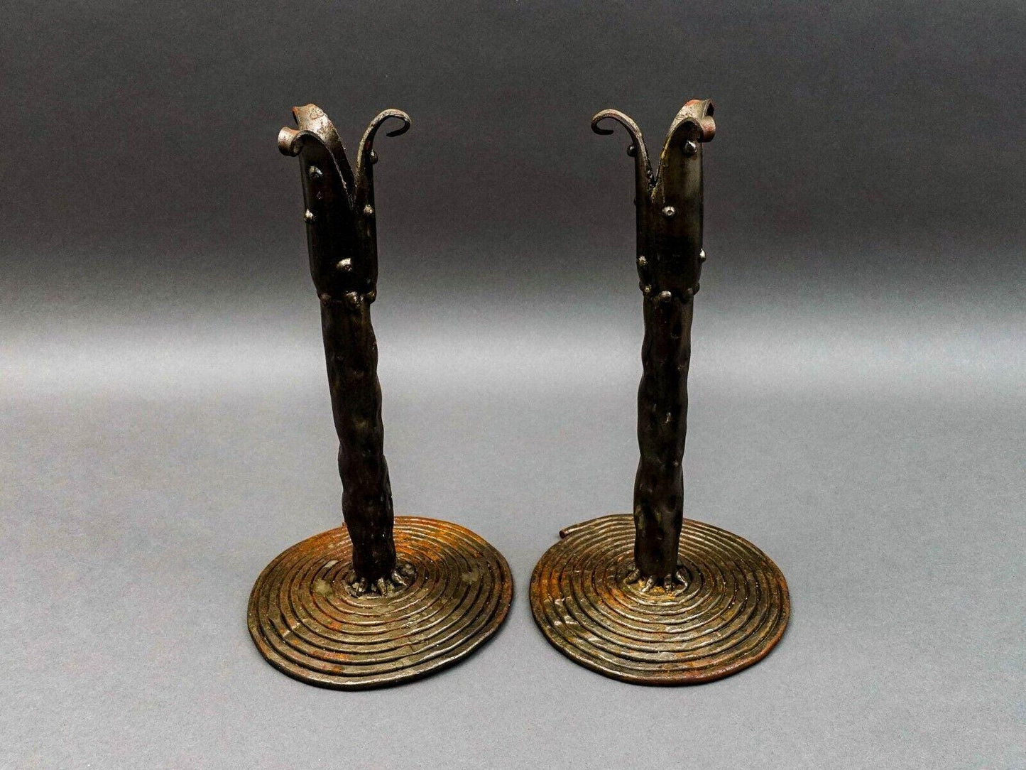 Vintage Brutalist Studio Iron Metal Art Candlestick Candle Holder Pair 11"