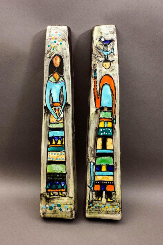 Harris G Strong Signed Mid Century Pair Of Figural Ceramic Wall Hanging Art Tile