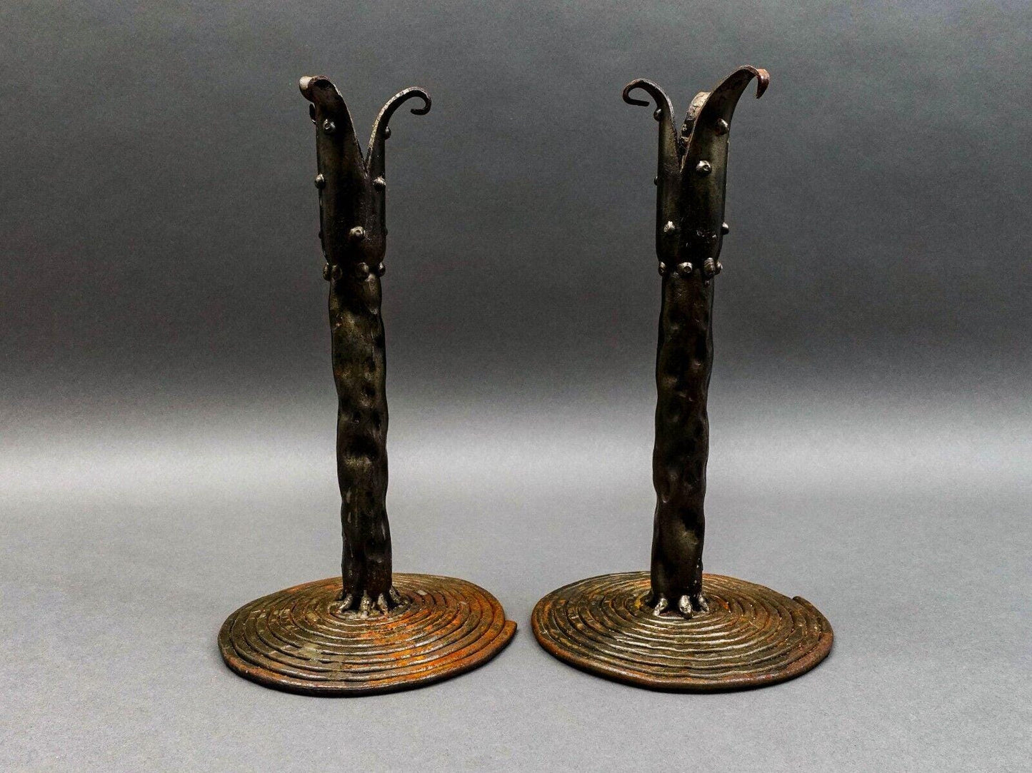Vintage Brutalist Studio Iron Metal Art Candlestick Candle Holder Pair 11"