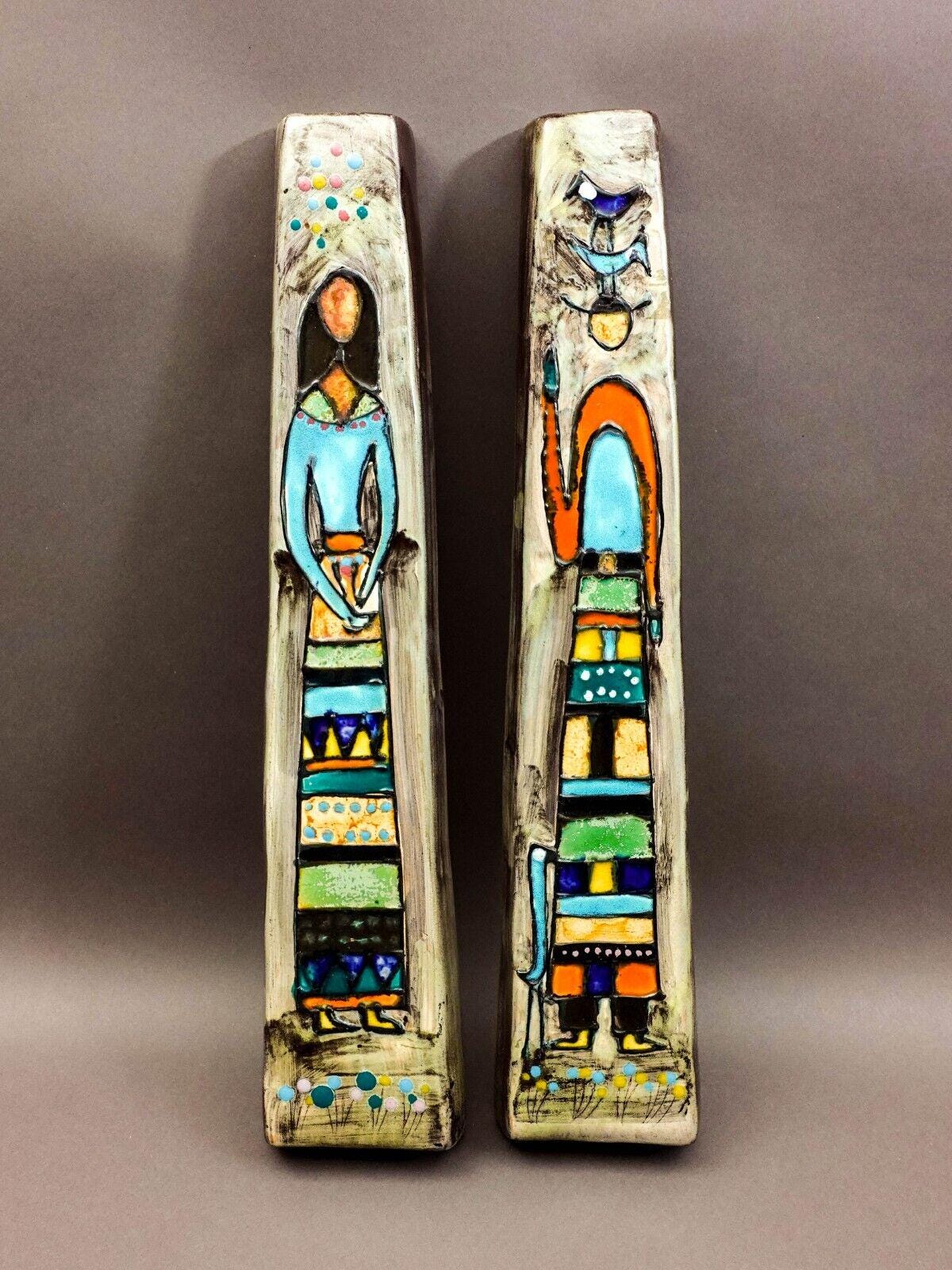 Harris G Strong Signed Mid Century Pair Of Figural Ceramic Wall Hanging Art Tile