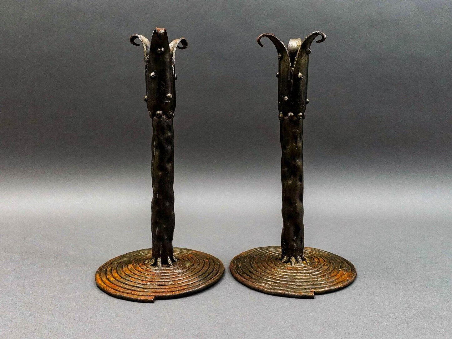 Vintage Brutalist Studio Iron Metal Art Candlestick Candle Holder Pair 11"