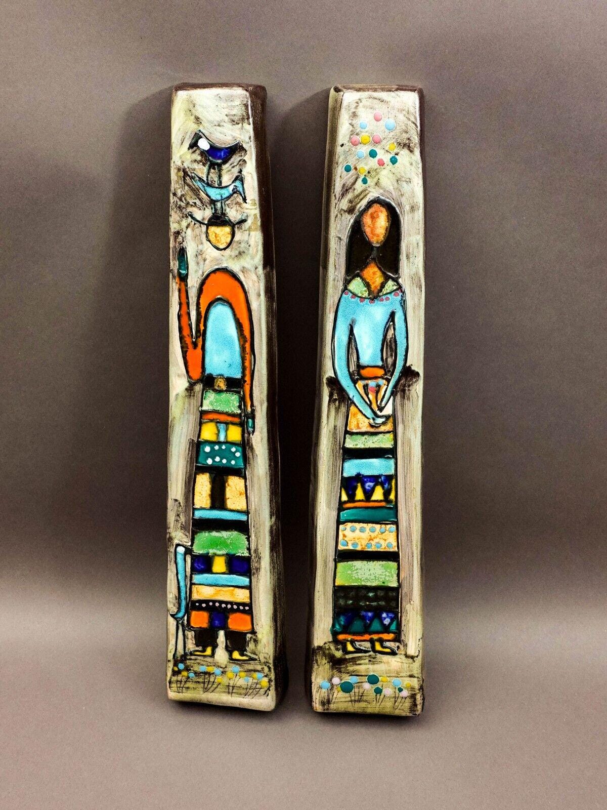 Harris G Strong Signed Mid Century Pair Of Figural Ceramic Wall Hanging Art Tile