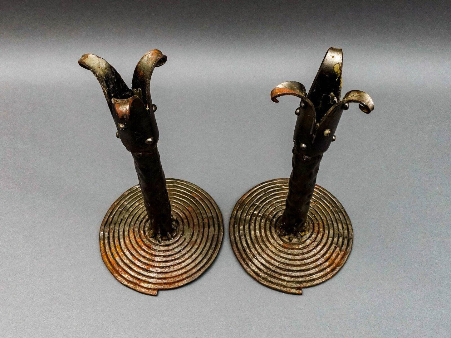 Vintage Brutalist Studio Iron Metal Art Candlestick Candle Holder Pair 11"