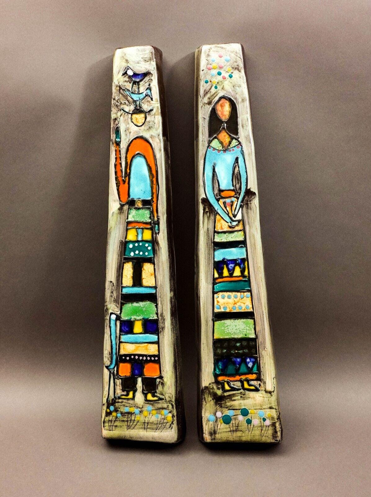 Harris G Strong Signed Mid Century Pair Of Figural Ceramic Wall Hanging Art Tile