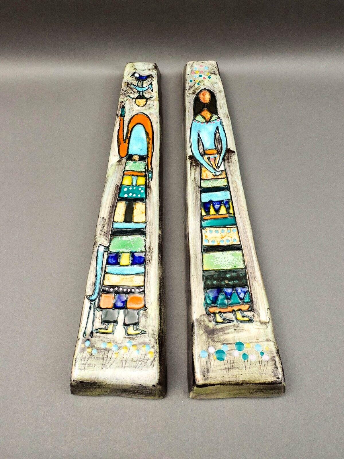 Harris G Strong Signed Mid Century Pair Of Figural Ceramic Wall Hanging Art Tile