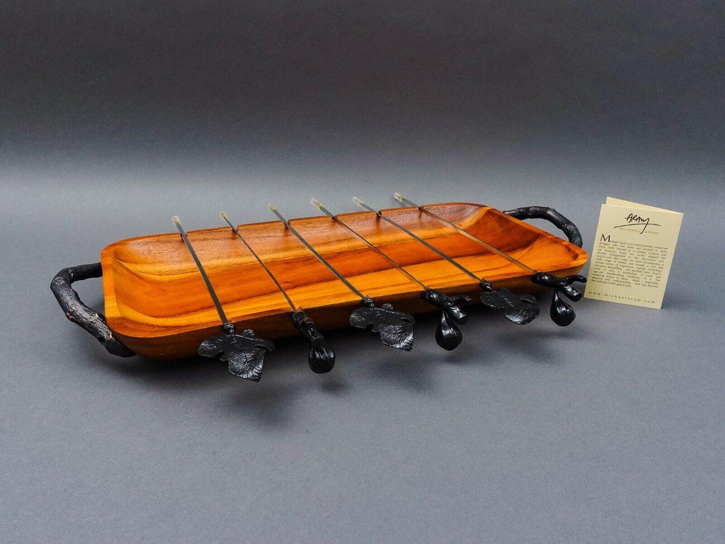 Michael Aram Fig Leaf Kebab & Skewer Acacia Wood Grilling Platter Set New