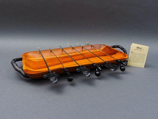 Michael Aram Fig Leaf Kebab & Skewer Acacia Wood Grilling Platter Set New