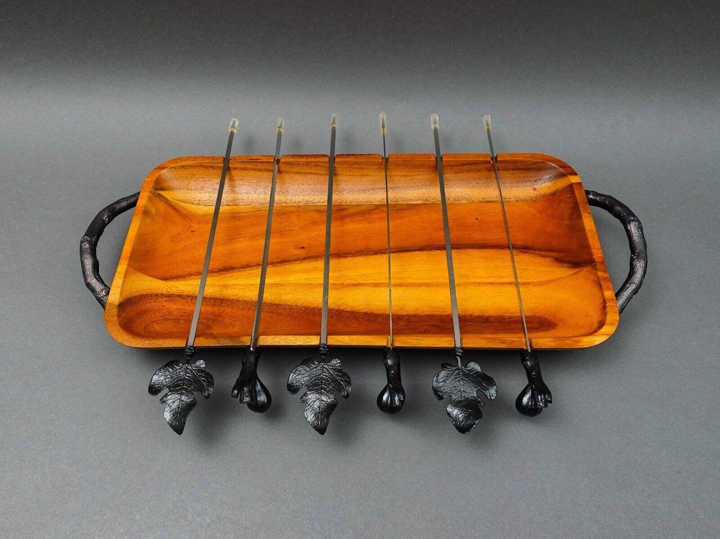 Michael Aram Fig Leaf Kebab & Skewer Acacia Wood Grilling Platter Set New
