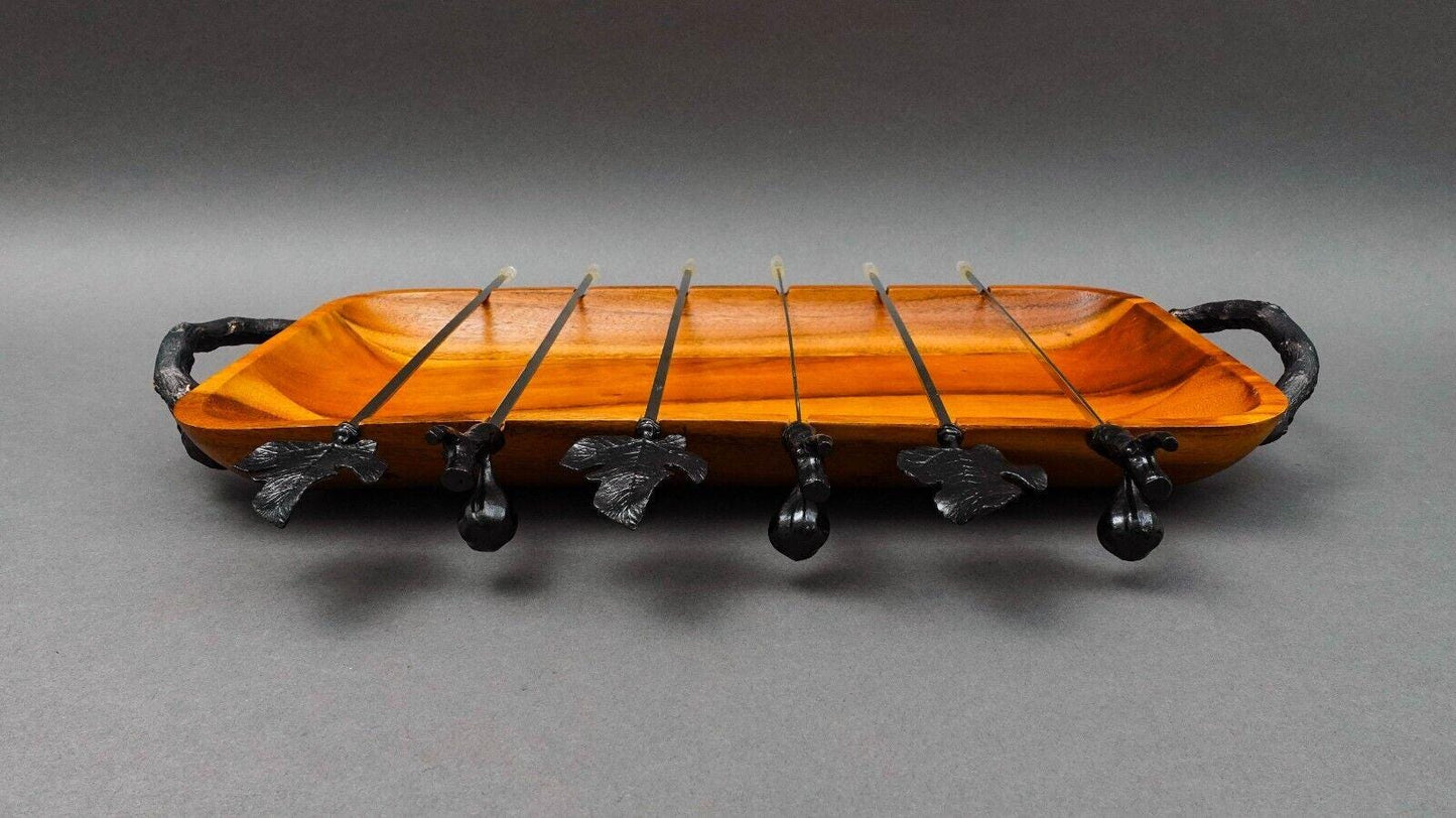Michael Aram Fig Leaf Kebab & Skewer Acacia Wood Grilling Platter Set New