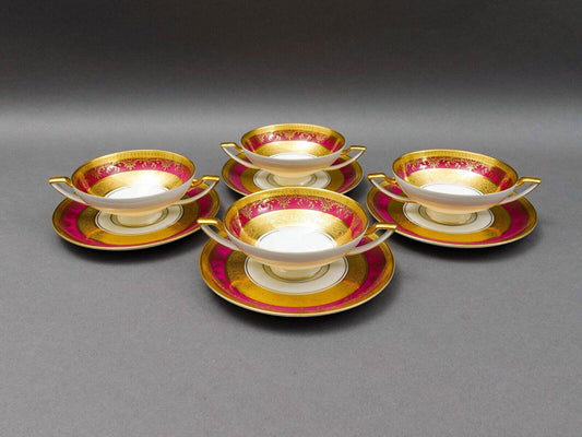 DW Porzellan Karlsbader Wertarbeit Fuchsia Gold Encrusted Cream Soup Bowl Set 4