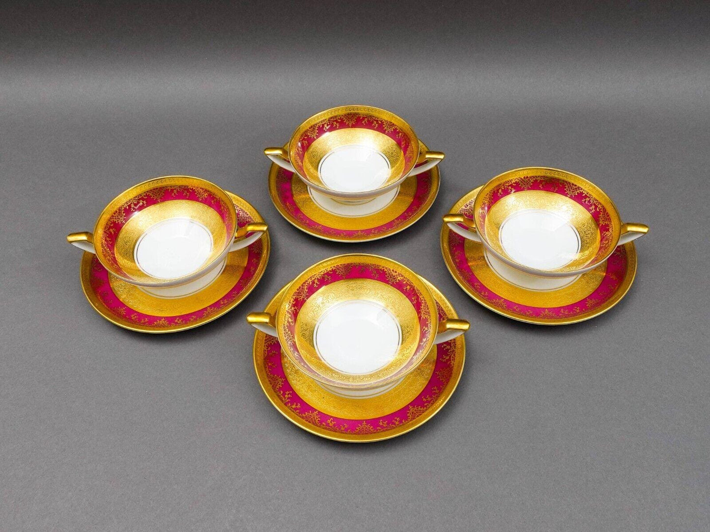 DW Porzellan Karlsbader Wertarbeit Fuchsia Gold Encrusted Cream Soup Bowl Set 4